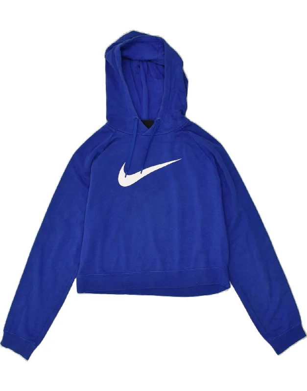 NIKE Womens Crop Graphic Hoodie Jumper UK 14 Medium Blue Cotton Hoodie with High-Low Hem Asymmetrical Trendy NIKE Womens Crop Graphic Hoodie Jumper UK 14 Medium Blue Cotton Hoodie with High-Low Hem Asymmetrical Trendy