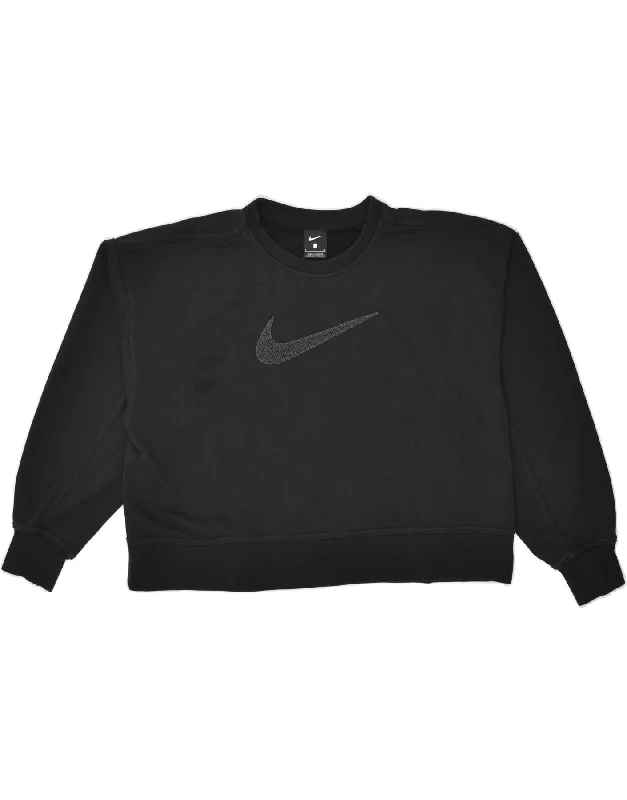 NIKE Womens Crop Graphic Sweatshirt Jumper UK 10 Small Black Cotton Hoodie with Hem Applique Textured Unique NIKE Womens Crop Graphic Sweatshirt Jumper UK 10 Small Black Cotton Hoodie with Hem Applique Textured Unique