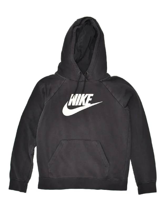 NIKE Womens Graphic Hoodie Jumper UK 10 Small Navy Blue Cotton Hoodie with Hem Frayed Vintage Worn NIKE Womens Graphic Hoodie Jumper UK 10 Small Navy Blue Cotton Hoodie with Hem Frayed Vintage Worn