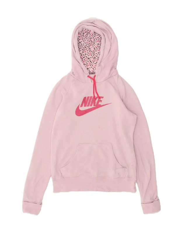 NIKE Womens Graphic Hoodie Jumper UK 10 Small Pink Cotton Hoodie with Button Classic Timeless