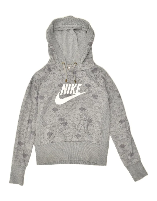 NIKE Womens Graphic Hoodie Jumper UK 6/8 Small Grey Hoodie with Mock Neck Collared Structured NIKE Womens Graphic Hoodie Jumper UK 6/8 Small Grey Hoodie with Mock Neck Collared Structured