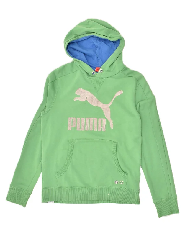 PUMA Womens Graphic Hoodie Jumper UK 10 Small Green Cotton Hoodie with Ribbed Hem Stretchable Secure PUMA Womens Graphic Hoodie Jumper UK 10 Small Green Cotton Hoodie with Ribbed Hem Stretchable Secure