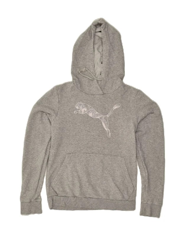 PUMA Womens Graphic Hoodie Jumper UK 10 Small Grey Cotton Hoodie with Frayed Bohemian Relaxed PUMA Womens Graphic Hoodie Jumper UK 10 Small Grey Cotton Hoodie with Frayed Bohemian Relaxed