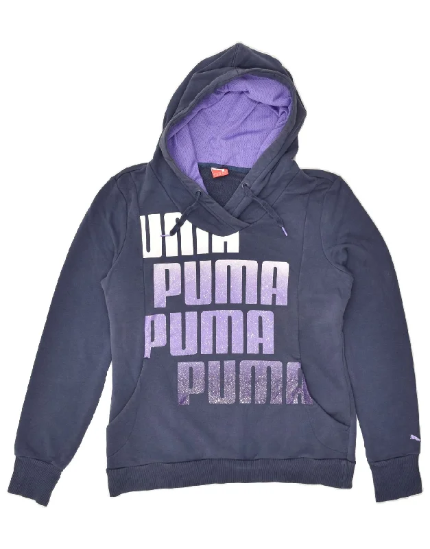 PUMA Womens Graphic Hoodie Jumper UK 14 Large Navy Blue Cotton Hoodie with Set-In Sleeves Structured Classic PUMA Womens Graphic Hoodie Jumper UK 14 Large Navy Blue Cotton Hoodie with Set-In Sleeves Structured Classic