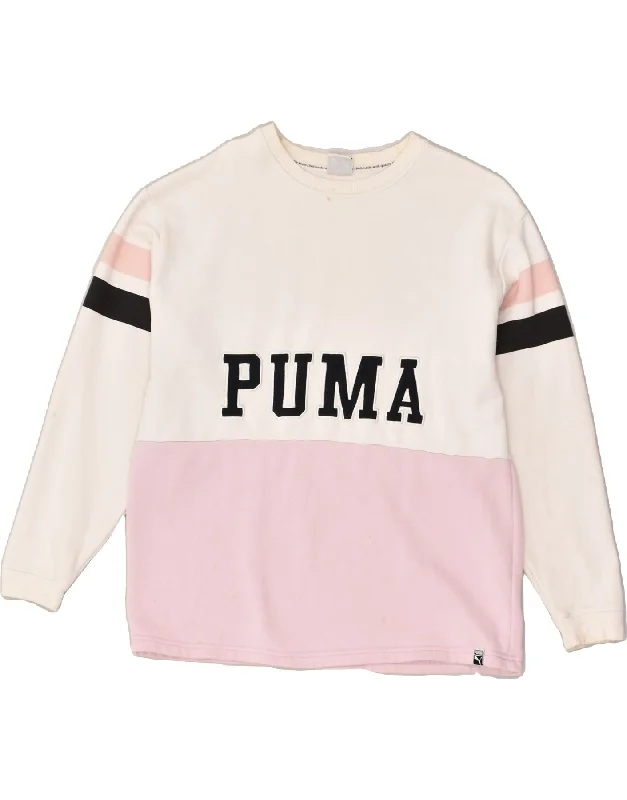 PUMA Womens Graphic Sweatshirt Jumper UK 10 Small White Colourblock Cotton Hoodie with Rhinestones Sparkly Elegant PUMA Womens Graphic Sweatshirt Jumper UK 10 Small White Colourblock Cotton Hoodie with Rhinestones Sparkly Elegant