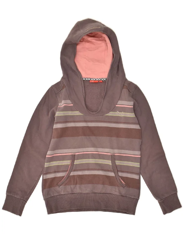 PUMA Womens Hoodie Jumper UK 12 Medium Brown Striped Cotton Hoodie with Bell Sleeves Flared Feminine PUMA Womens Hoodie Jumper UK 12 Medium Brown Striped Cotton Hoodie with Bell Sleeves Flared Feminine