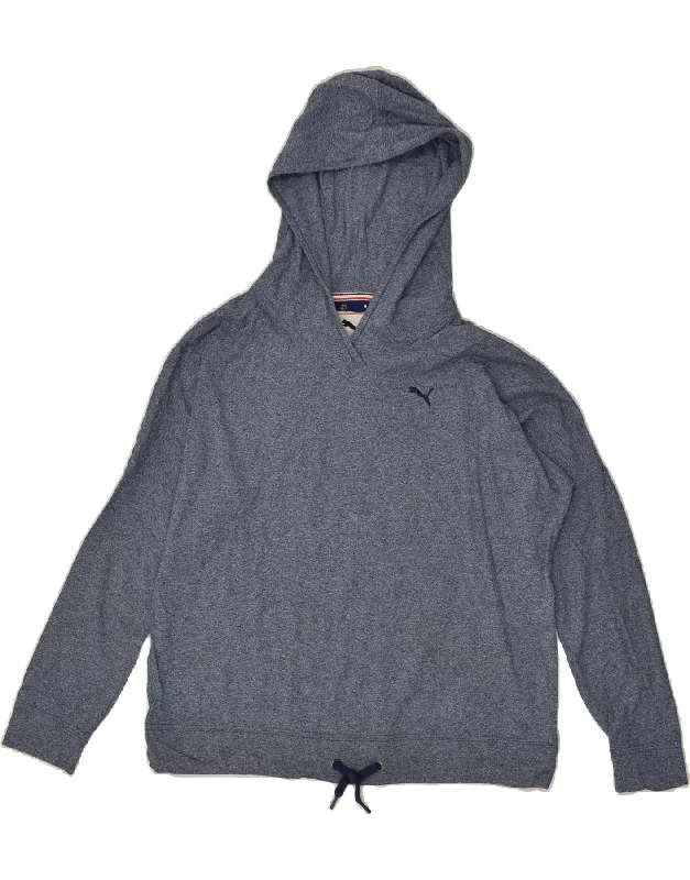 PUMA Womens Hoodie Jumper UK 14 Large Navy Blue Flecked Hoodie with Button Placket Classic Preppy PUMA Womens Hoodie Jumper UK 14 Large Navy Blue Flecked Hoodie with Button Placket Classic Preppy