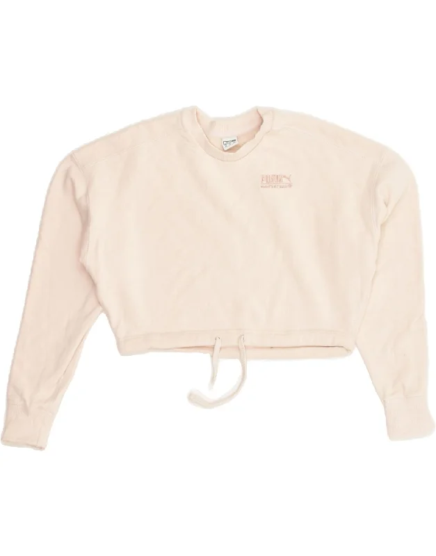 PUMA Womens Oversized Crop Sweatshirt Jumper UK 6 XS Pink Cotton Hoodie with Hem Raw Edge Edgy Unfinished