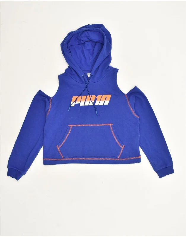 PUMA Womens Oversized Graphic Hoodie Jumper UK 6 XS Blue Cotton Hoodie with Hem Contrast Bold Stylish PUMA Womens Oversized Graphic Hoodie Jumper UK 6 XS Blue Cotton Hoodie with Hem Contrast Bold Stylish