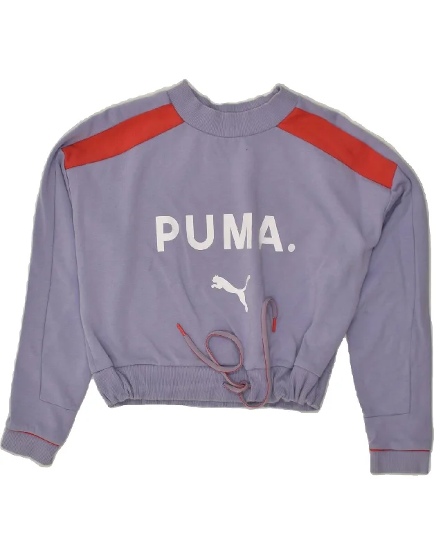 PUMA Womens Oversized Graphic Sweatshirt Jumper UK 6 XS Purple Cotton Hoodie with Frayed Bohemian Relaxed PUMA Womens Oversized Graphic Sweatshirt Jumper UK 6 XS Purple Cotton Hoodie with Frayed Bohemian Relaxed