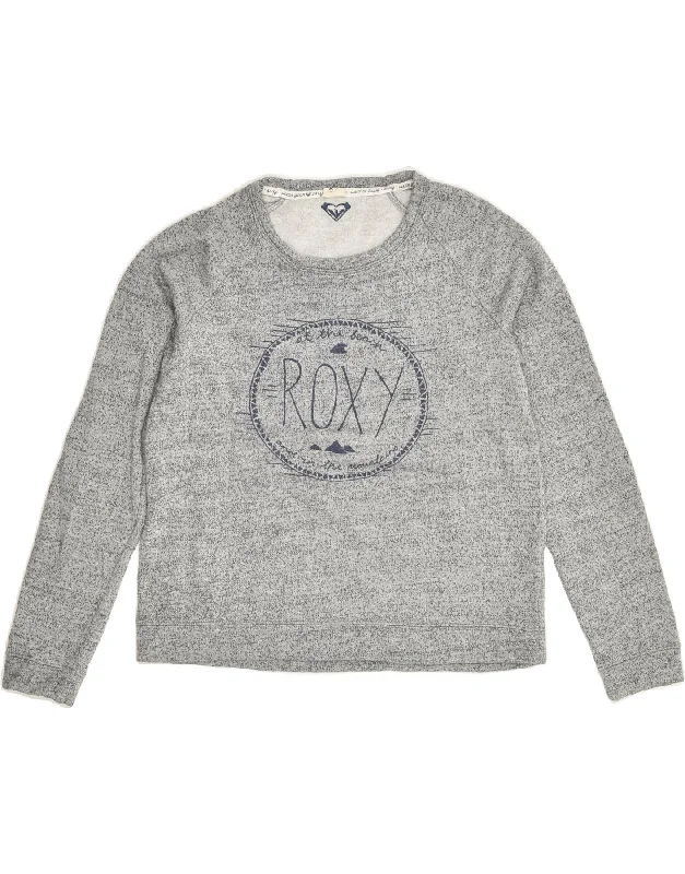 ROXY Womens Graphic Sweatshirt Jumper UK 14 Medium Grey Flecked Cotton Hoodie with Tie-Dye Psychedelic Retro