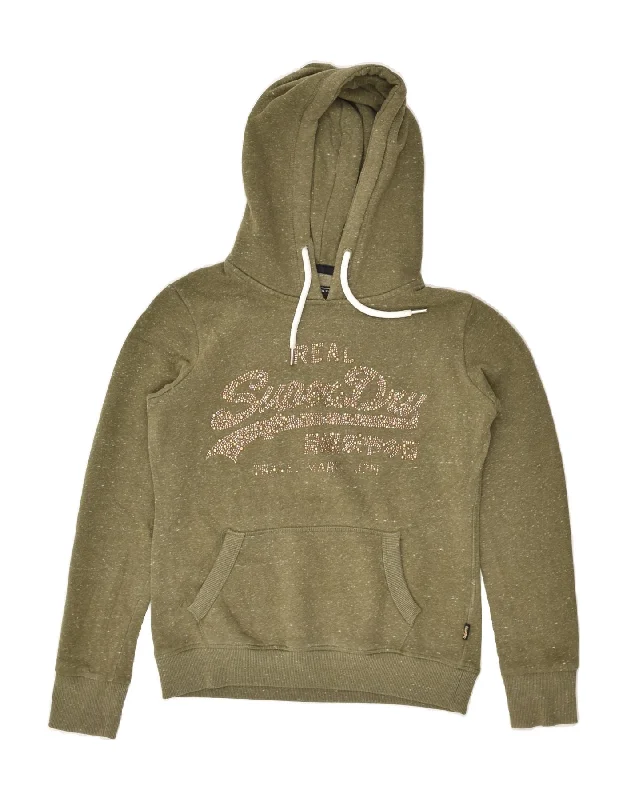 SUPERDRY Womens Graphic Hoodie Jumper UK 10 Small Khaki Cotton Hoodie with Hem Elastic Stretchable Comfortable SUPERDRY Womens Graphic Hoodie Jumper UK 10 Small Khaki Cotton Hoodie with Hem Elastic Stretchable Comfortable