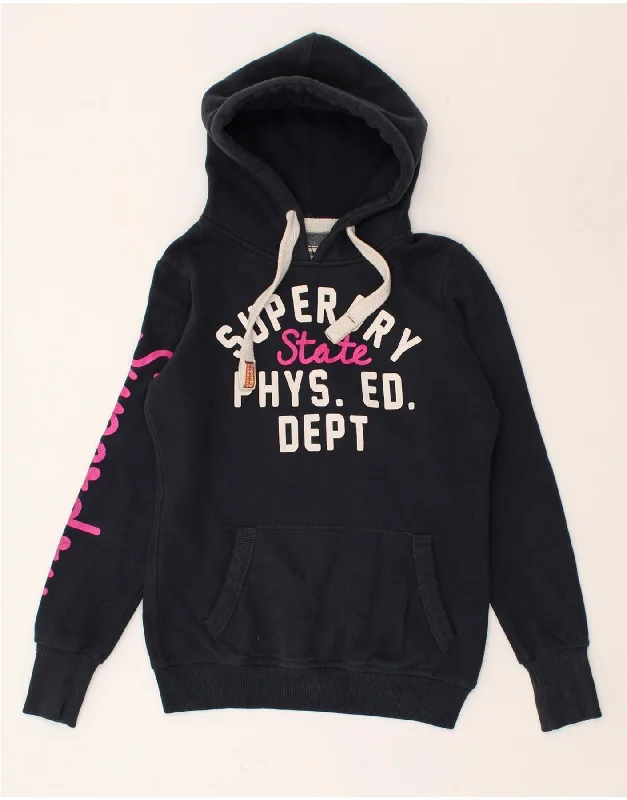 SUPERDRY Womens Graphic Hoodie Jumper UK 12 Medium Navy Blue Cotton Hoodie with Raglan Sleeves Sporty Comfortable SUPERDRY Womens Graphic Hoodie Jumper UK 12 Medium Navy Blue Cotton Hoodie with Raglan Sleeves Sporty Comfortable