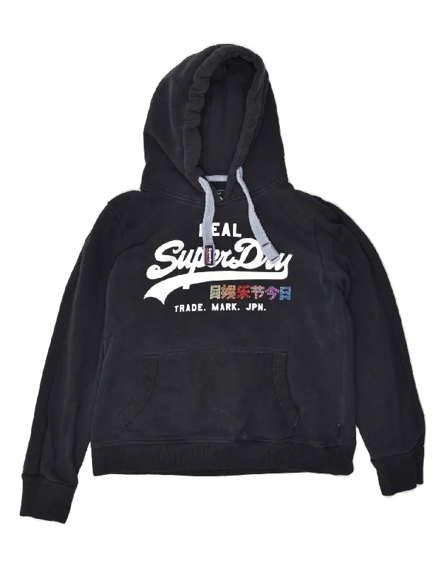 SUPERDRY Womens Graphic Hoodie Jumper UK 14 Large Navy Blue Cotton Hoodie with Hem Fringe Bohemian Relaxed SUPERDRY Womens Graphic Hoodie Jumper UK 14 Large Navy Blue Cotton Hoodie with Hem Fringe Bohemian Relaxed