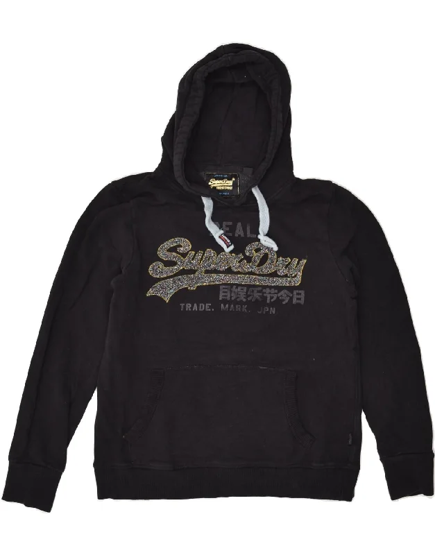 SUPERDRY Womens Graphic Hoodie Jumper UK 16 Large Black Cotton Hoodie with Front Slit Layering Stylish SUPERDRY Womens Graphic Hoodie Jumper UK 16 Large Black Cotton Hoodie with Front Slit Layering Stylish