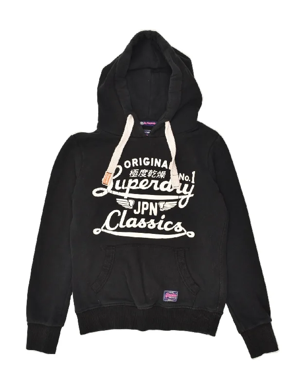 SUPERDRY Womens Graphic Hoodie Jumper UK 6 XS Black Cotton Hoodie with Cuffed Sleeves Snug Secure SUPERDRY Womens Graphic Hoodie Jumper UK 6 XS Black Cotton Hoodie with Cuffed Sleeves Snug Secure