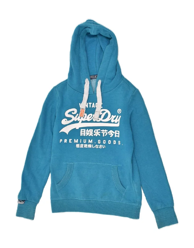 SUPERDRY Womens Graphic Hoodie Jumper UK 6 XS Blue Cotton Hoodie with Emblem Brand Identity SUPERDRY Womens Graphic Hoodie Jumper UK 6 XS Blue Cotton Hoodie with Emblem Brand Identity