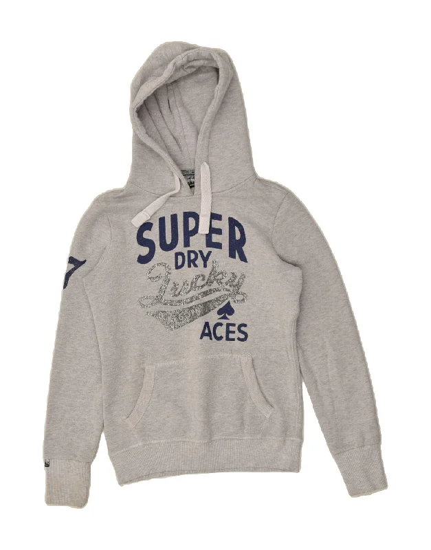 SUPERDRY Womens Graphic Hoodie Jumper UK 6 XS Grey Cotton Hoodie with Ribbed Cuffs Snug Fit Comfort