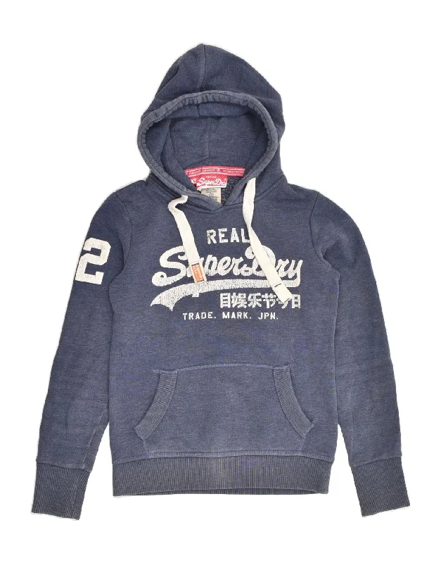 SUPERDRY Womens Graphic Hoodie Jumper UK 6 XS Navy Blue Cotton Hoodie with Stripes Bold Sporty SUPERDRY Womens Graphic Hoodie Jumper UK 6 XS Navy Blue Cotton Hoodie with Stripes Bold Sporty