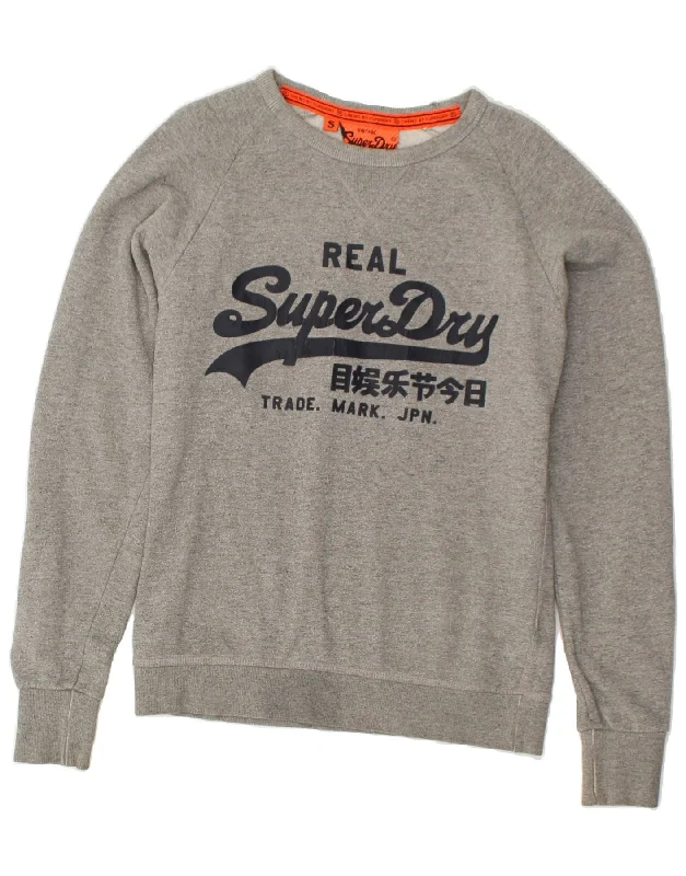 SUPERDRY Womens Graphic Sweatshirt Jumper UK 10 Small Grey Cotton Hoodie with Stripes Bold Sporty SUPERDRY Womens Graphic Sweatshirt Jumper UK 10 Small Grey Cotton Hoodie with Stripes Bold Sporty