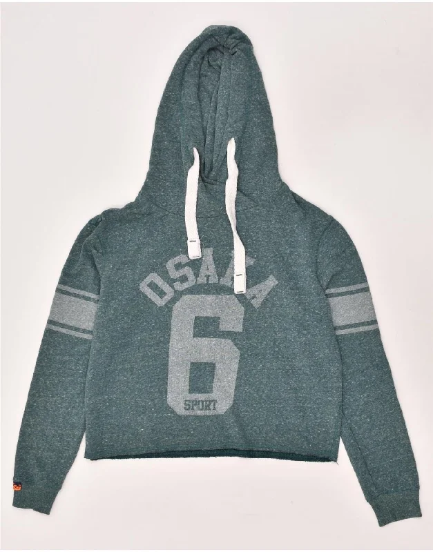 SUPERDRY Womens Osaka Crop Graphic Hoodie Jumper UK 14 Medium Green Hoodie with Pastel Soft Subtle