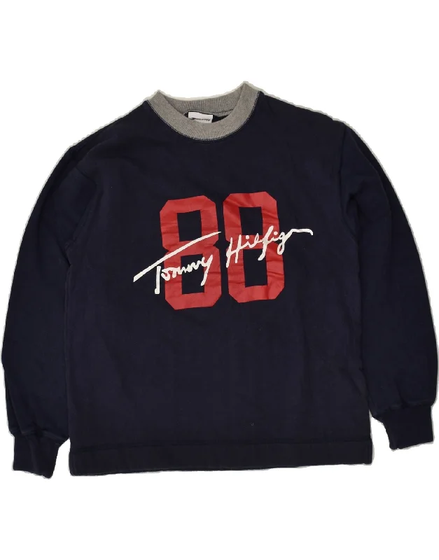 TOMMY HILFIGER Womens Graphic Sweatshirt Jumper UK 10 Small Navy Blue Hoodie with Color Block Contrast Stylish TOMMY HILFIGER Womens Graphic Sweatshirt Jumper UK 10 Small Navy Blue Hoodie with Color Block Contrast Stylish