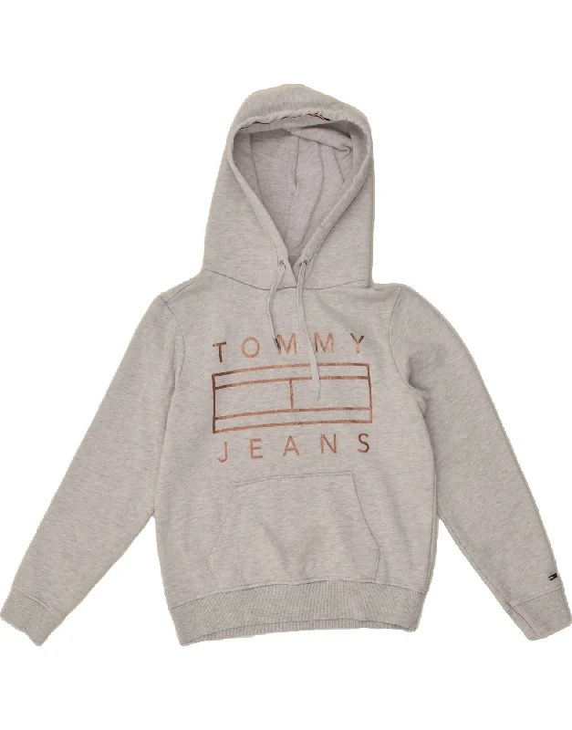 TOMMY HILFIGER Womens Loose Fit Graphic Hoodie Jumper UK 10 Small Grey Hoodie with Front Slit Layering Stylish TOMMY HILFIGER Womens Loose Fit Graphic Hoodie Jumper UK 10 Small Grey Hoodie with Front Slit Layering Stylish