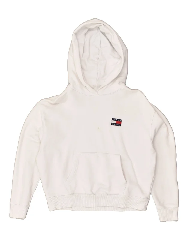 TOMMY JEANS Womens Hoodie Jumper UK 2 2XS White Cotton Hoodie with Rolled Sleeves Casual Relaxed TOMMY JEANS Womens Hoodie Jumper UK 2 2XS White Cotton Hoodie with Rolled Sleeves Casual Relaxed