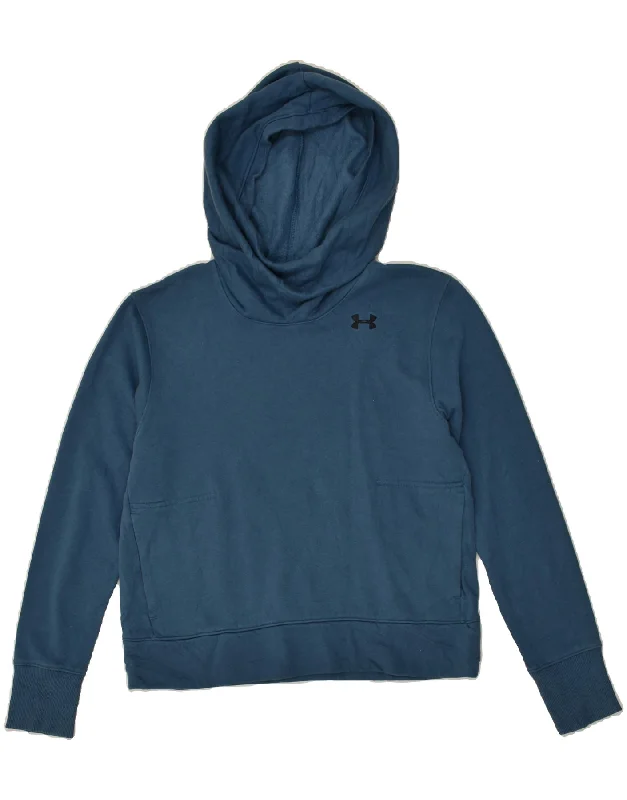 UNDER ARMOUR Womens Hoodie Jumper UK 10 Small Blue Cotton Hoodie with Hem Applique Textured Unique UNDER ARMOUR Womens Hoodie Jumper UK 10 Small Blue Cotton Hoodie with Hem Applique Textured Unique