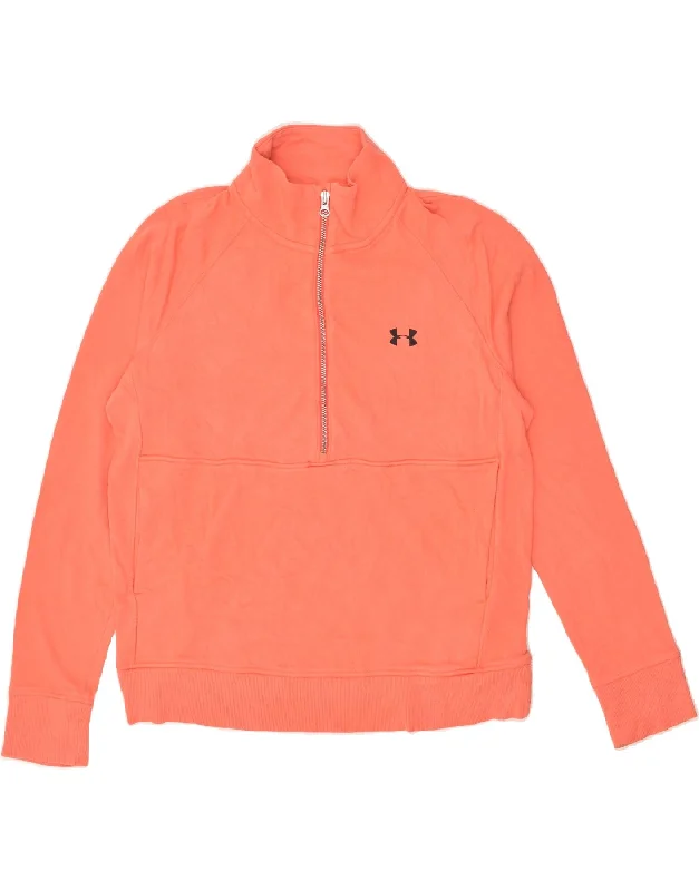 UNDER ARMOUR Womens Zip Neck Sweatshirt Jumper UK 14 Medium Orange Cotton Hoodie with High-Low Hem Asymmetrical Trendy UNDER ARMOUR Womens Zip Neck Sweatshirt Jumper UK 14 Medium Orange Cotton Hoodie with High-Low Hem Asymmetrical Trendy
