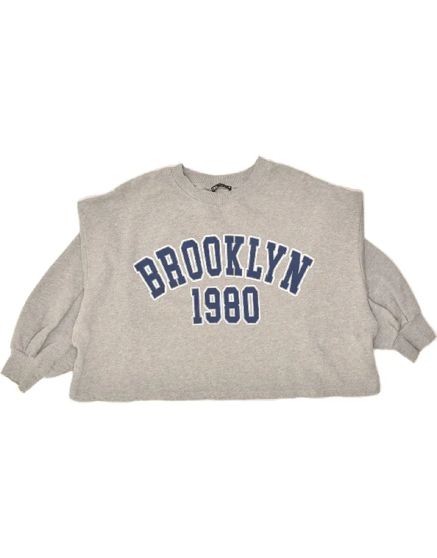 ZARA Womens Brooklyn Crop Graphic Sweatshirt Jumper UK 16 Large Grey Hoodie with Zipper Versatile Modern ZARA Womens Brooklyn Crop Graphic Sweatshirt Jumper UK 16 Large Grey Hoodie with Zipper Versatile Modern