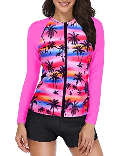 Upf 50+ Swim Shirt With Shorts Two Piece Rash Guard Bathing Suit-Pink Palm Stylish Swimsuit Set