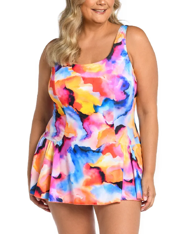 2024 Maxine of Hollywood Women's Plus Watercolor Bliss Princess Seam Swim Dress - Mw4dp41 Classic Sporty Swimsuit