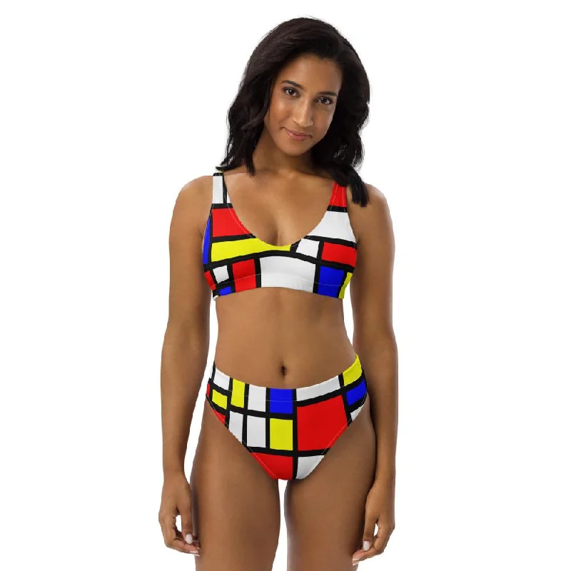 65 MCMLXV Women's Mondrian Color Block Print Recycled High-Waisted Bikini Swimsuit Shiny One-Piece Swimsuit