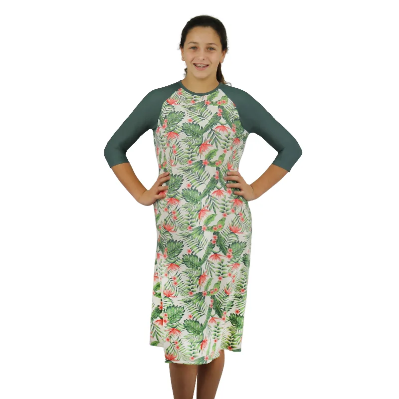 Girls Modest Tznius 3/4 Sleeve UPF 50+ Sun Protection bathing Suit Swimdress  (Acapulco in Color / Green Sleeves ) Beach Ready Swimsuit