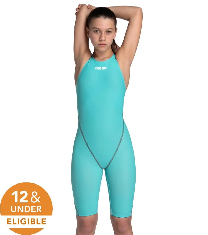 Arena Girls' Powerskin ST Next Open Back Tech Suit Swimsuit Aquamarine Chic Swimsuit Cover-Up