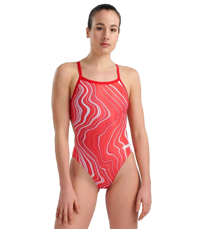 Arena Women's Marbled Challenge Back One Piece Swimsuit Red/Red Multi Push-Up Bikini Bottoms