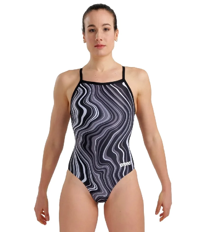 Arena Women's Marbled Light Drop Back One Piece Swimsuit Black/Black Multi Trendy Swimwear Set