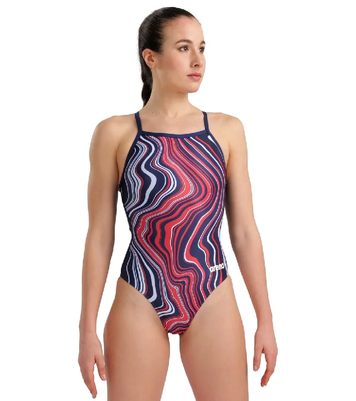 Arena Women's Marbled Light Drop Back One Piece Swimsuit Navy/Red Multi Comfortable Swim Shorts