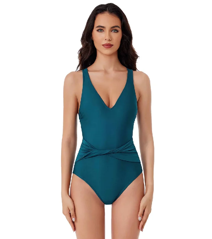 BCA by Rebecca Virtue Women's Twist Waist Belt One Piece Swimsuit Lagoon Tie-Back Swimwear