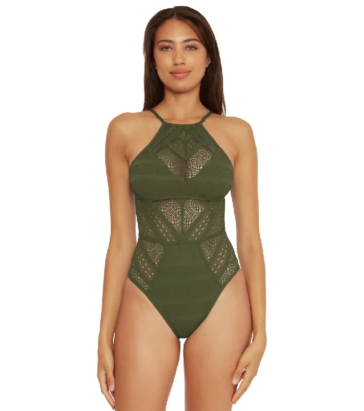 Becca Swim Women's Color Play High Neck One Piece Swimsuit Cactus Lace-Detail Bikini Set