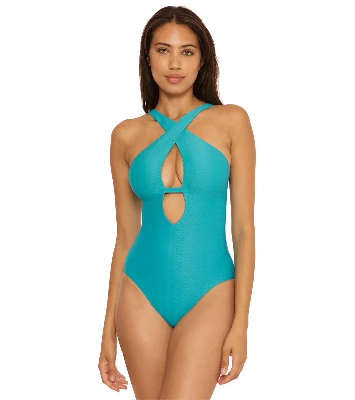Becca Swim Women's Vibes Tessa Cross Over One Piece Swimsuit Gulf Elegant Swimsuit Bottoms