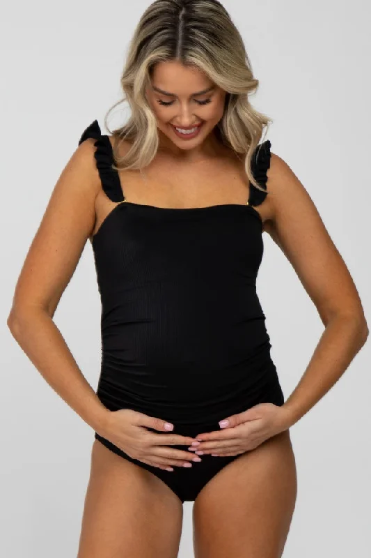 Black Ribbed Square Neck Ruffle Strap One Piece Maternity Swimsuit Stylish Swimsuit Set