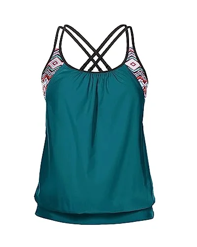 Blouson Swim Tops Tummy Control Tankini Tops Push-Up Bikini Bottoms