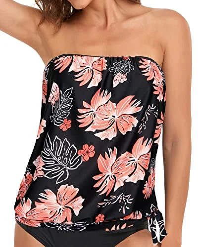 Blouson Swimwear Top Women's Strapless Bandeau Tankini Tops Elegant Ruffle Swimsuit