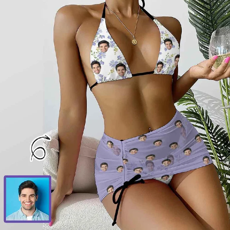 Custom Face Floral Bikini Set For Women 3-Pieces Summer Swimsuit Bold High-Cut Bikini