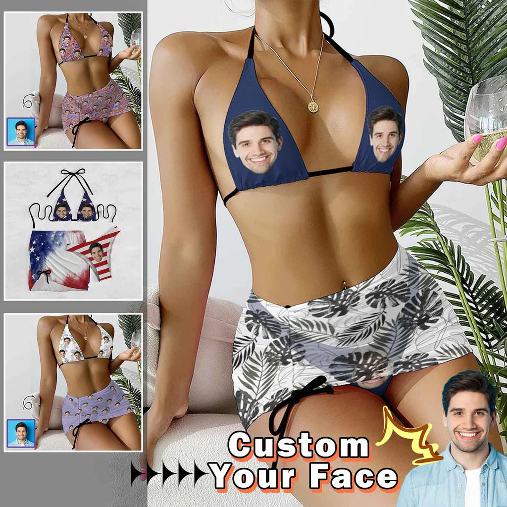 Custom Face Leaves Bikini Set For Women 3-Pieces Summer Swimsuit Chic Swimsuit Cover-Up