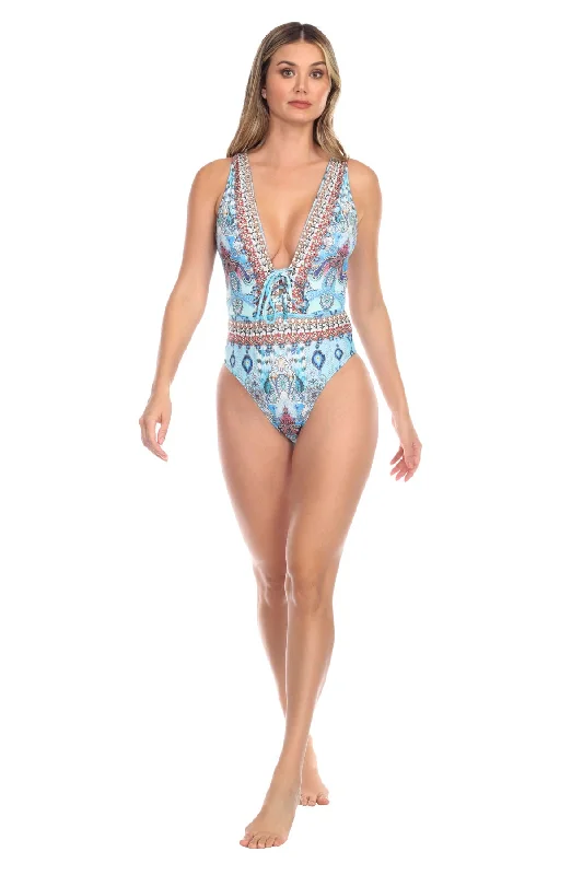 Egyptian Queen Plunging V-Neck One-Piece Swimsuit Sporty Racerback Swimsuit