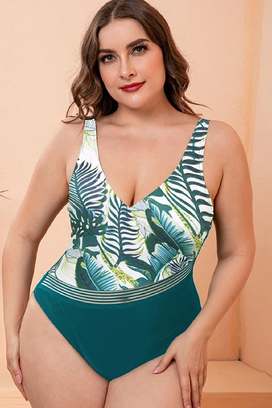 Full Size Two-Tone Plunge One-Piece Swimsuit High-Waisted Swim Bottoms