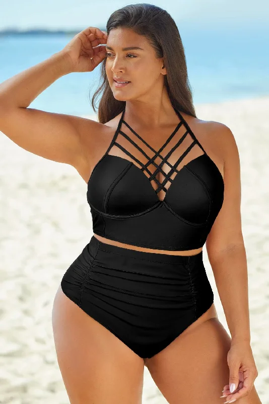 Halter Neck Crisscross Ruched Two-Piece Swimsuit Trendy Swimsuit Bottoms
